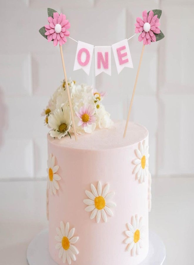 YOUAME Girls First Year Birthday Cake Topper -Felt Daisy ONE Cake Decorations, First Birthday Topper With Flowers, Felt Flags Cake Banner, Pink Floral Birthday Party Photo Props - Image 4