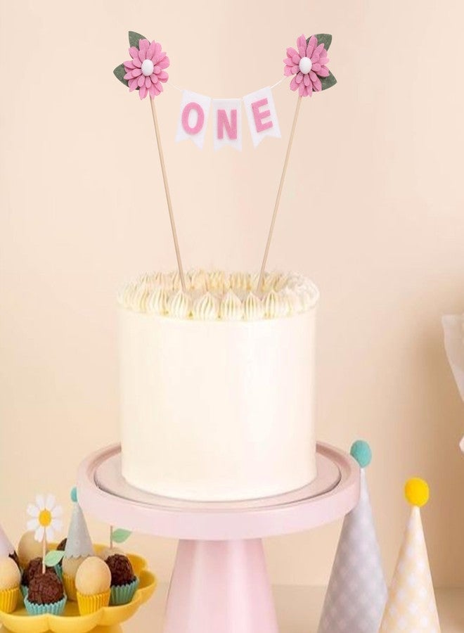 YOUAME Girls First Year Birthday Cake Topper -Felt Daisy ONE Cake Decorations, First Birthday Topper With Flowers, Felt Flags Cake Banner, Pink Floral Birthday Party Photo Props - Image 5