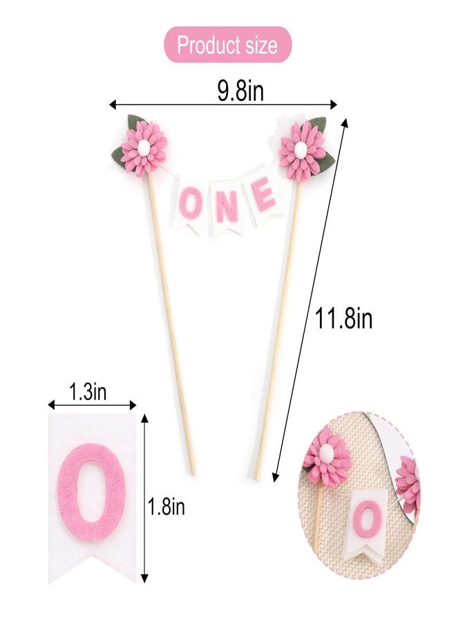 YOUAME Girls First Year Birthday Cake Topper -Felt Daisy ONE Cake Decorations, First Birthday Topper With Flowers, Felt Flags Cake Banner, Pink Floral Birthday Party Photo Props - Image 2