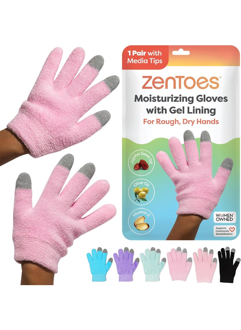 Zentoes ZenToes Moisturizing Gloves for Dry Hands and Eczema, Gel Infused with Jojoba Seed Oil, Olive Oil and Vitamin E, Overnight Hand Moisturizer (OSFM, Fuzzy Pink with Media Tips) 