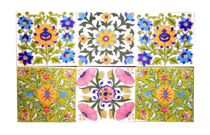 Shiv Kripa Blue Pottery Ceramic Wall Tile 6 x 6 Inch Multicolor Damask Pattern 6 Count Peel Stick Mediterranean Style Moisture Resistant
