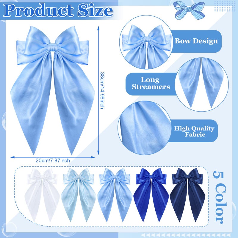 ProSuites 5 Pcs Blue Hair Bows for Women, Silky Satin Large Hair Clips for Girls, Long Tail Hair Ribbon Accessories - Image 2