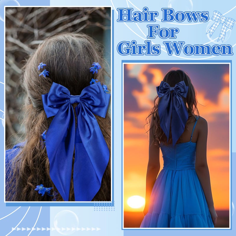 ProSuites 5 Pcs Blue Hair Bows for Women, Silky Satin Large Hair Clips for Girls, Long Tail Hair Ribbon Accessories - Image 3
