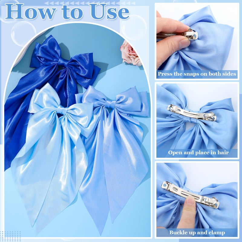 ProSuites 5 Pcs Blue Hair Bows for Women, Silky Satin Large Hair Clips for Girls, Long Tail Hair Ribbon Accessories - Image 4