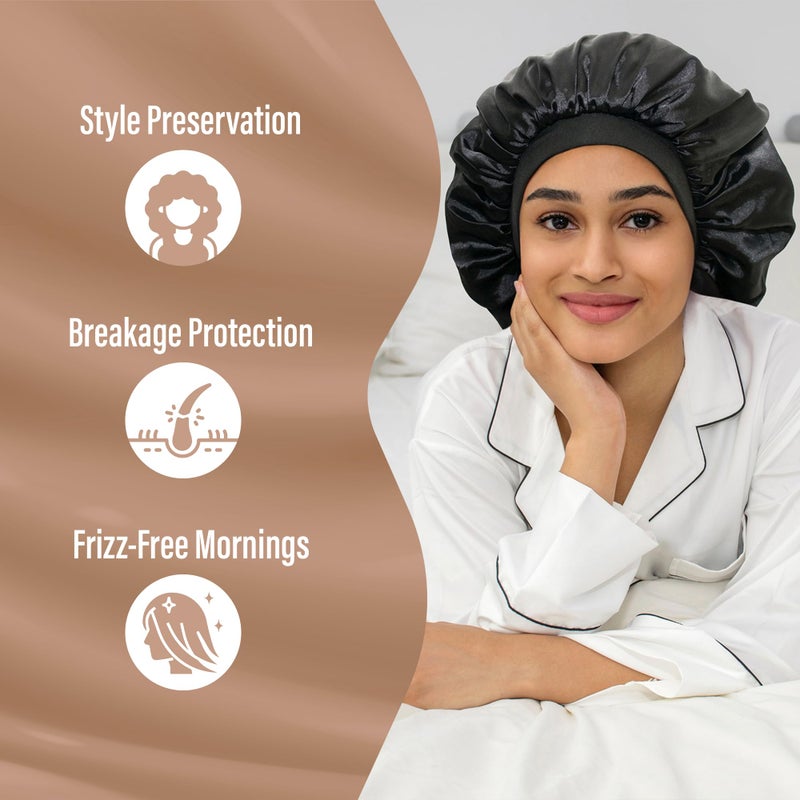 CAPLORD Double Sided Satin Bonnet for Sleeping - Adjustable Silk Sleep Cap for Women and Men - Reversible Hair Cover Protector for Curly Hair, Straight & Locs - No Slip Sleep Bonnets for Women Black - Image 4