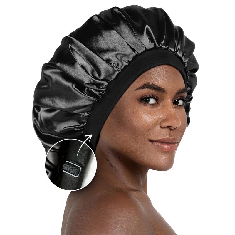 CAPLORD Double Sided Satin Bonnet for Sleeping - Adjustable Silk Sleep Cap for Women and Men - Reversible Hair Cover Protector for Curly Hair, Straight & Locs - No Slip Sleep Bonnets for Women Black - Image 1