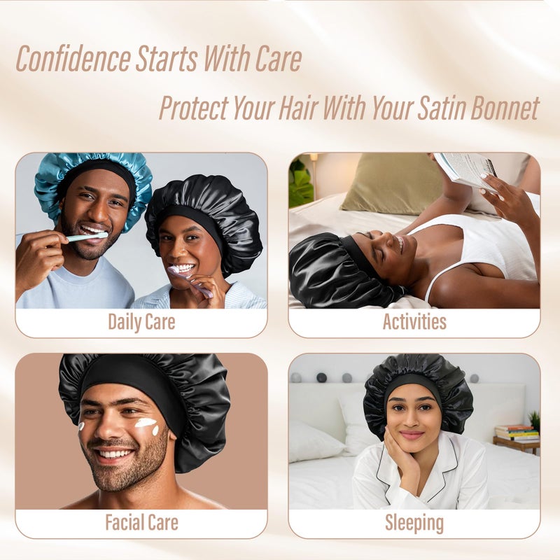 CAPLORD Double Sided Satin Bonnet for Sleeping - Adjustable Silk Sleep Cap for Women and Men - Reversible Hair Cover Protector for Curly Hair, Straight & Locs - No Slip Sleep Bonnets for Women Black - Image 5