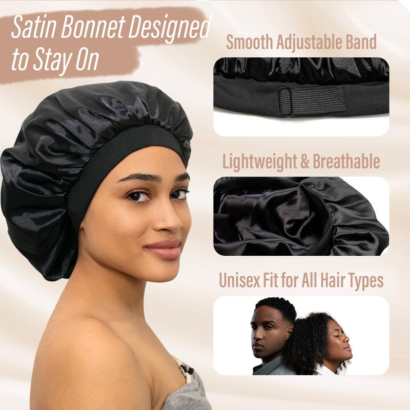 CAPLORD Double Sided Satin Bonnet for Sleeping - Adjustable Silk Sleep Cap for Women and Men - Reversible Hair Cover Protector for Curly Hair, Straight & Locs - No Slip Sleep Bonnets for Women Black - Image 3