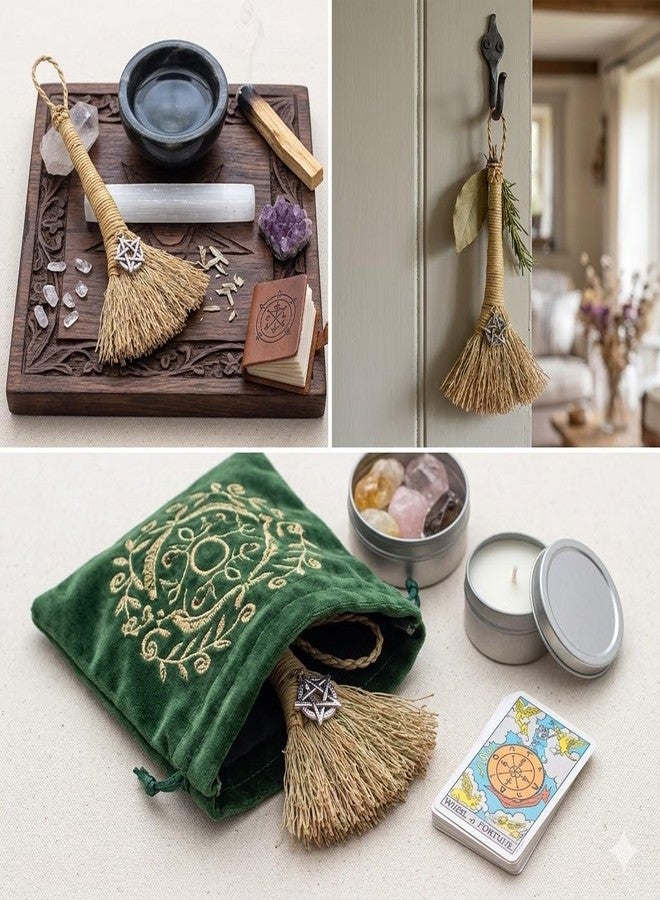 Amitofo Witch Wiccan Altar Broom with Crystal and Triple Moon Symbol for Energy Cleansing Altar Decoration (Pentagram) - Image 3