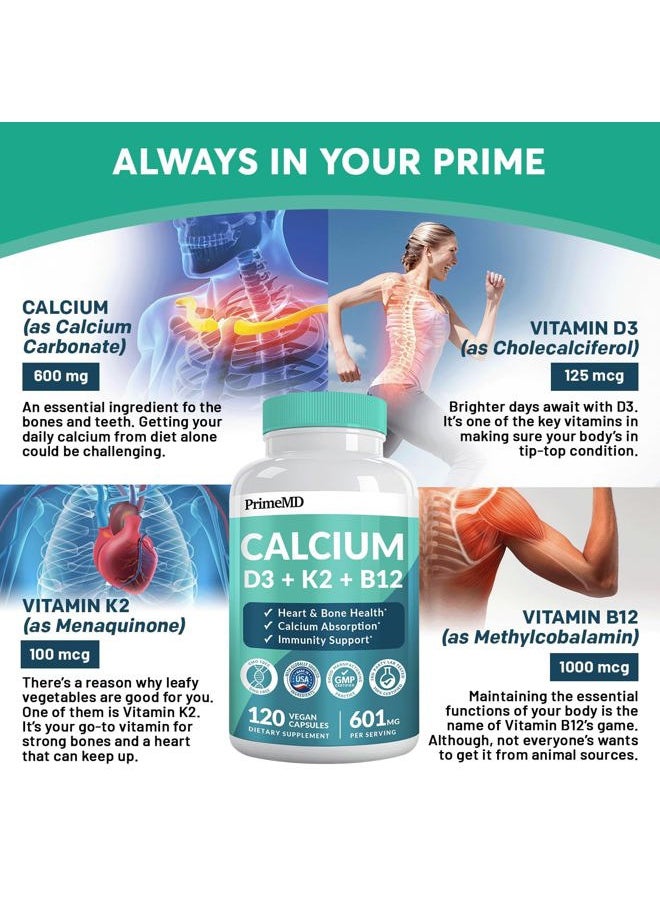 PrimeMD - 4-in-1 Calcium Supplements for Women and Men - Calcium 600mg with Vitamin D3 K2 5000 IU Supplement for Heart, Bone and Body Defenses - Gluten-Free, Vegan-Friendly (120 ct) - Image 1