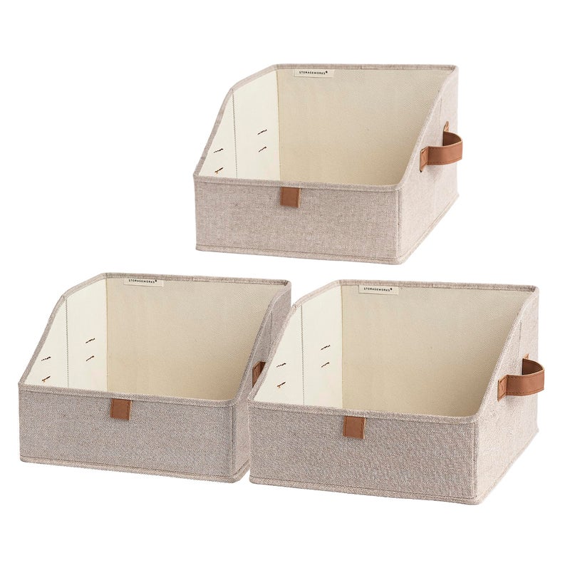 StorageWorks Closet Storage Bins Trapezoid Organizer Box for Shelves Fabric Clothes Bin Foldable Organizing Baskets with Handles Small Brown and Beige 3Pack