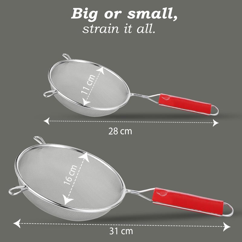 Unify 2 Pieces Stainless Steel Soup & Juice Strainer/Liquid Filter for Kitchen Use, Large Soup Chalni with Red Handle, Rice & Juice Use (Size-4, 6 Dia- 11cm, 16cm, Set of 2,Silver) - Image 4
