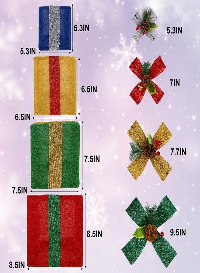 LJLNION Set of 4 Christmas Lighted Gift Boxes Decorations, Pre-lit Tinsel Present Box with Bowknot(Red Green Yellow Blue), Light Up Xmas Tree Skirt Ornament, Indoor Outdoor Plug in for Home Holiday Party - Image 2