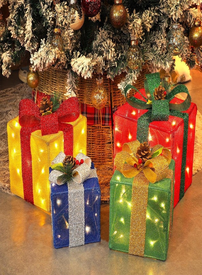 LJLNION Set of 4 Christmas Lighted Gift Boxes Decorations, Pre-lit Tinsel Present Box with Bowknot(Red Green Yellow Blue), Light Up Xmas Tree Skirt Ornament, Indoor Outdoor Plug in for Home Holiday Party - Image 1