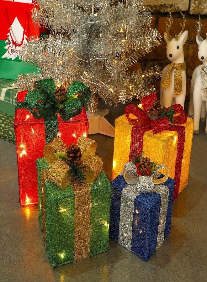 LJLNION Set of 4 Christmas Lighted Gift Boxes Decorations, Pre-lit Tinsel Present Box with Bowknot(Red Green Yellow Blue), Light Up Xmas Tree Skirt Ornament, Indoor Outdoor Plug in for Home Holiday Party - Image 4