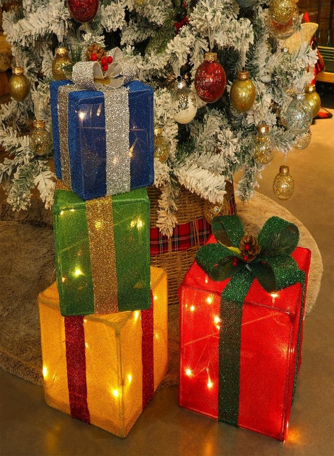 LJLNION Set of 4 Christmas Lighted Gift Boxes Decorations, Pre-lit Tinsel Present Box with Bowknot(Red Green Yellow Blue), Light Up Xmas Tree Skirt Ornament, Indoor Outdoor Plug in for Home Holiday Party - Image 3