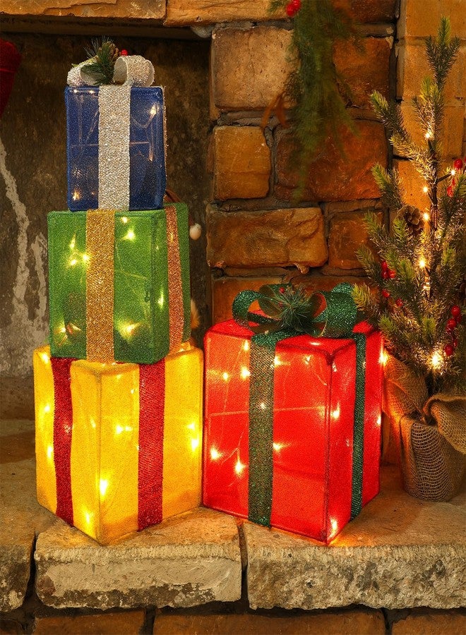 LJLNION Set of 4 Christmas Lighted Gift Boxes Decorations, Pre-lit Tinsel Present Box with Bowknot(Red Green Yellow Blue), Light Up Xmas Tree Skirt Ornament, Indoor Outdoor Plug in for Home Holiday Party - Image 5