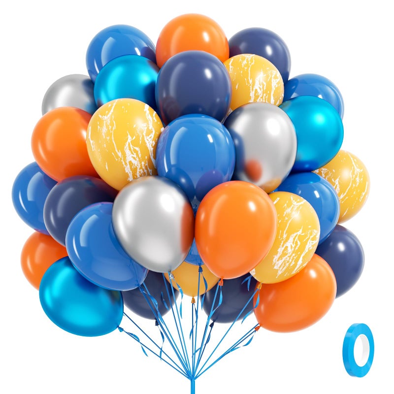 Leraqertra 60pcs Space Balloons 12inch with Metallic Silver Pearl Blue Yellow Navy Blue and Orange Balloons for Space Planet Astronaut Themed Birthday Party Decorations - Image 1