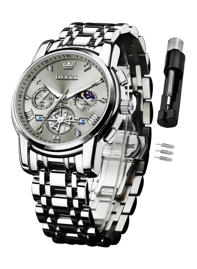 OLEVS Watch for Men Skeleton Analog Quartz Chronograph Diamond Watches Stainless Steel Moon Phase Calendar Waterproof Wrist Watch Silver Gray - Image 1