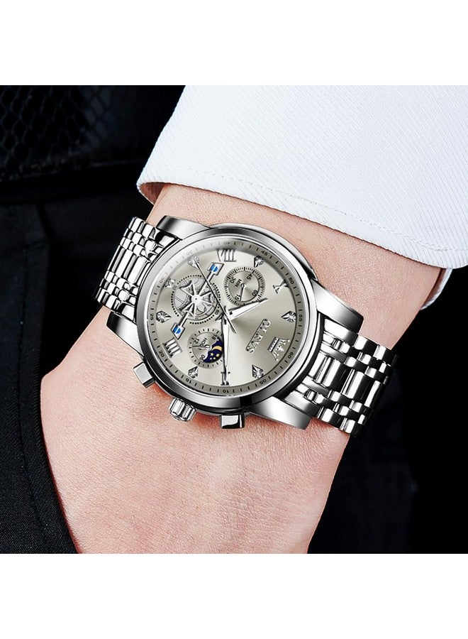 OLEVS Watch for Men Skeleton Analog Quartz Chronograph Diamond Watches Stainless Steel Moon Phase Calendar Waterproof Wrist Watch Silver Gray - Image 4