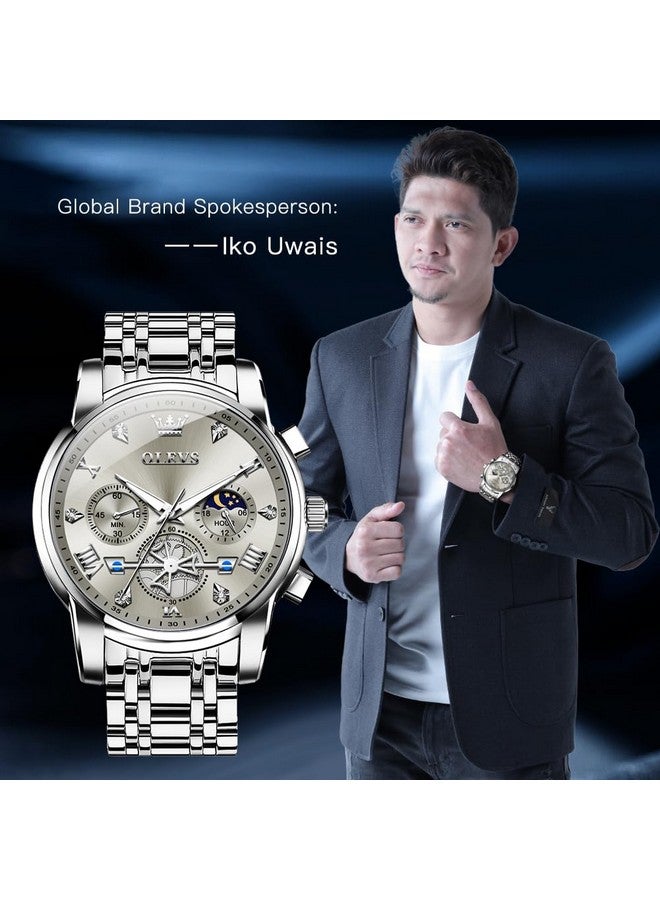 OLEVS Watch for Men Skeleton Analog Quartz Chronograph Diamond Watches Stainless Steel Moon Phase Calendar Waterproof Wrist Watch Silver Gray - Image 2
