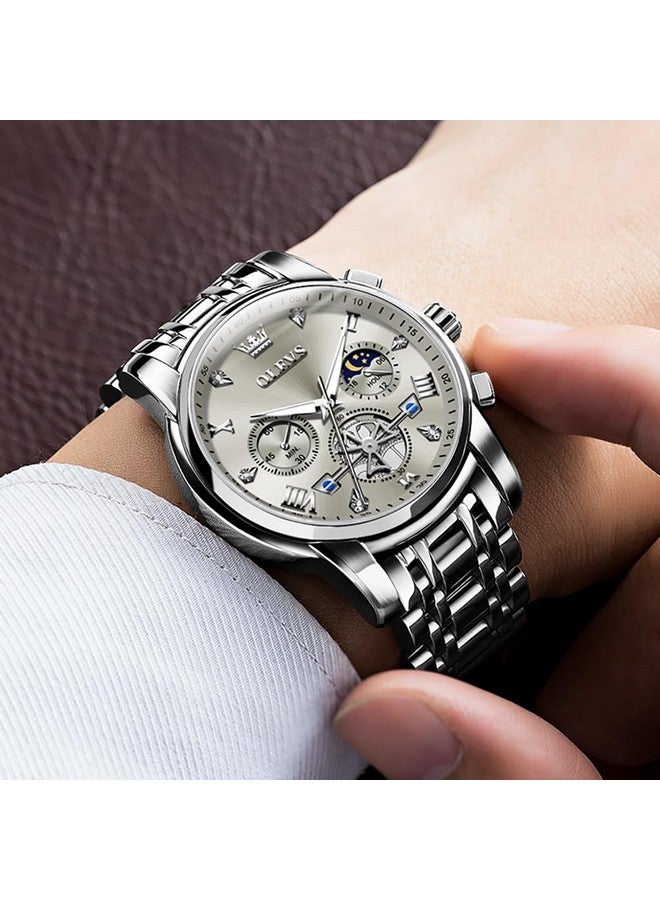 OLEVS Watch for Men Skeleton Analog Quartz Chronograph Diamond Watches Stainless Steel Moon Phase Calendar Waterproof Wrist Watch Silver Gray - Image 3