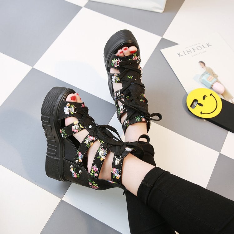 Roman Sandals High Heels Color Matching Cross Strap Women'S Shoes Wedge Heel Fish Mouth Shoes - Image 4