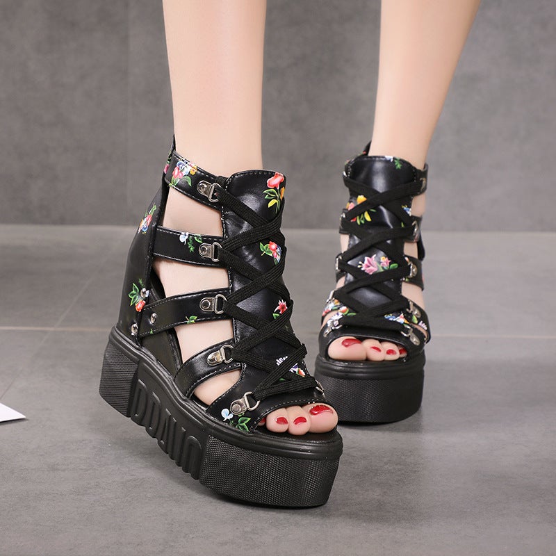 Roman Sandals High Heels Color Matching Cross Strap Women'S Shoes Wedge Heel Fish Mouth Shoes - Image 3
