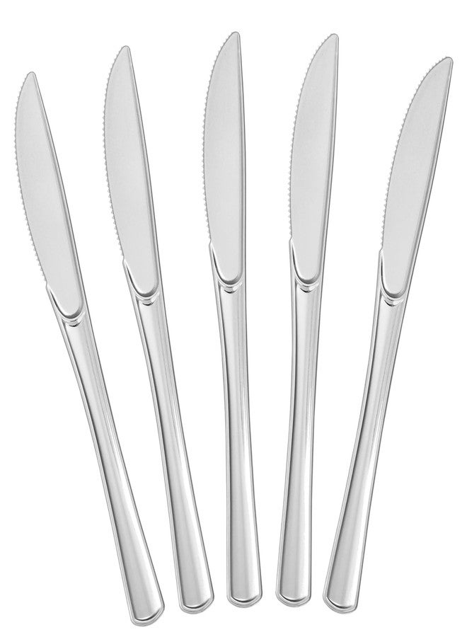 BESTVIP 100 Count Silver Plastic Knives, Solid and Durable Plastic Knives Disposable, Heavy Duty Look Like Real Cutlery, Utensils Perfect for Parties, Weddings, Christmas, Special Occasions - Image 1
