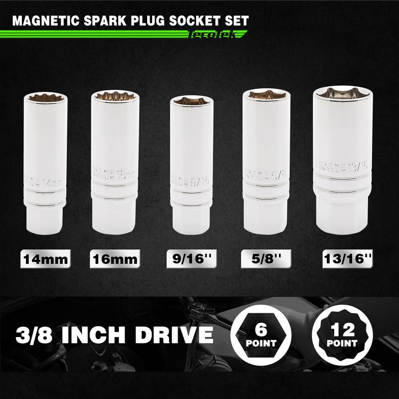 TecoTek 5 Piece 3/8-Inch Drive Magnetic Spark Plug Socket Set, Includes 14mm, 16mm Thin Wall Sockets and 9/16-inch, 5/8-inch, 13/16-inch Sockets, 6-Point and 12-Point, CR-V, Enhanced Magnetic Design - Image 2