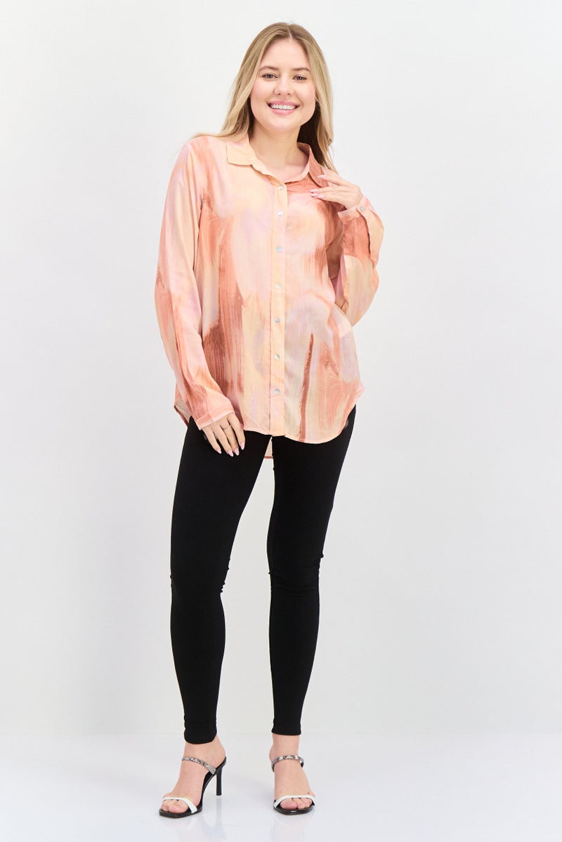 DEX Women Spread Neck Long Sleeves Abstract Print Tunic, Slate Pink - Image 4