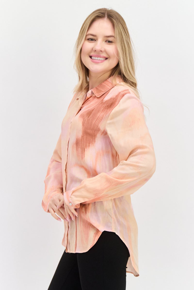DEX Women Spread Neck Long Sleeves Abstract Print Tunic, Slate Pink - Image 2