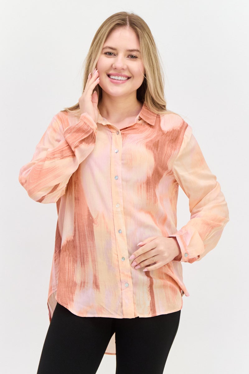 DEX Women Spread Neck Long Sleeves Abstract Print Tunic, Slate Pink - Image 1