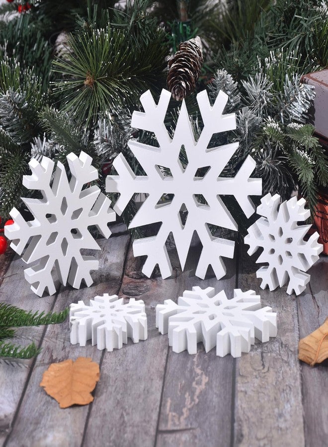 GHOSTMAGIC 5Pcs Christmas Snowflake Wooden Tabletop Decor, White Snowflake Wood Sign Blocks Winter Decoration in 3 Sizes, Farmhouse Tiered Tray Decor Centerpiece for Xmas Party Home Mantel (White) - Image 5
