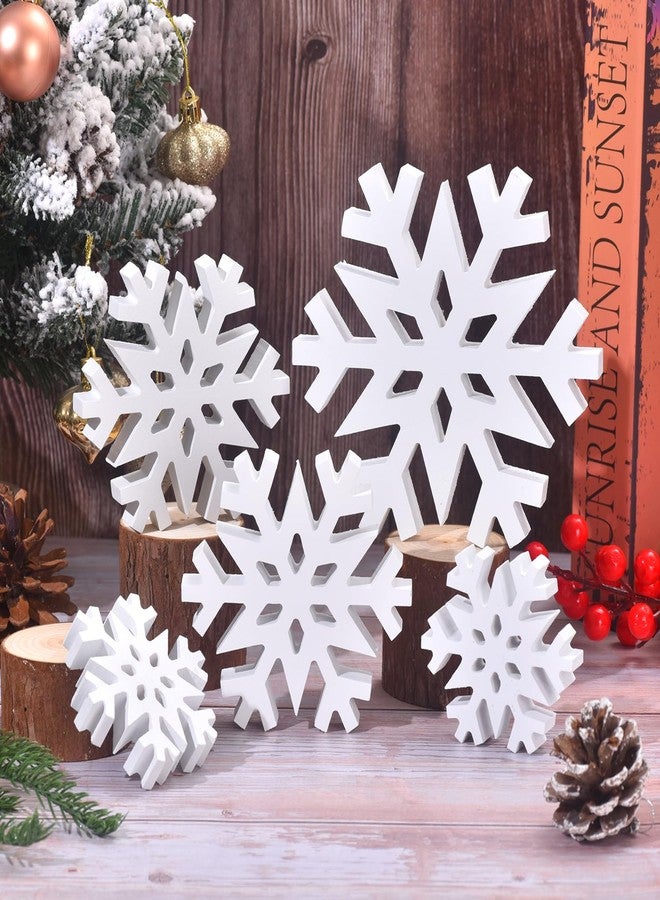 GHOSTMAGIC 5Pcs Christmas Snowflake Wooden Tabletop Decor, White Snowflake Wood Sign Blocks Winter Decoration in 3 Sizes, Farmhouse Tiered Tray Decor Centerpiece for Xmas Party Home Mantel (White) - Image 1