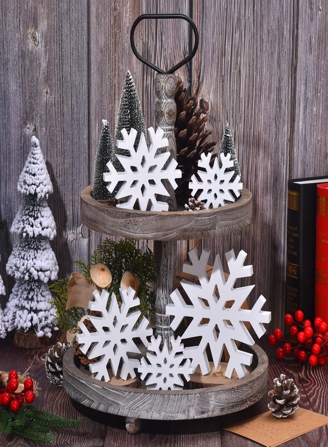 GHOSTMAGIC 5Pcs Christmas Snowflake Wooden Tabletop Decor, White Snowflake Wood Sign Blocks Winter Decoration in 3 Sizes, Farmhouse Tiered Tray Decor Centerpiece for Xmas Party Home Mantel (White) - Image 4