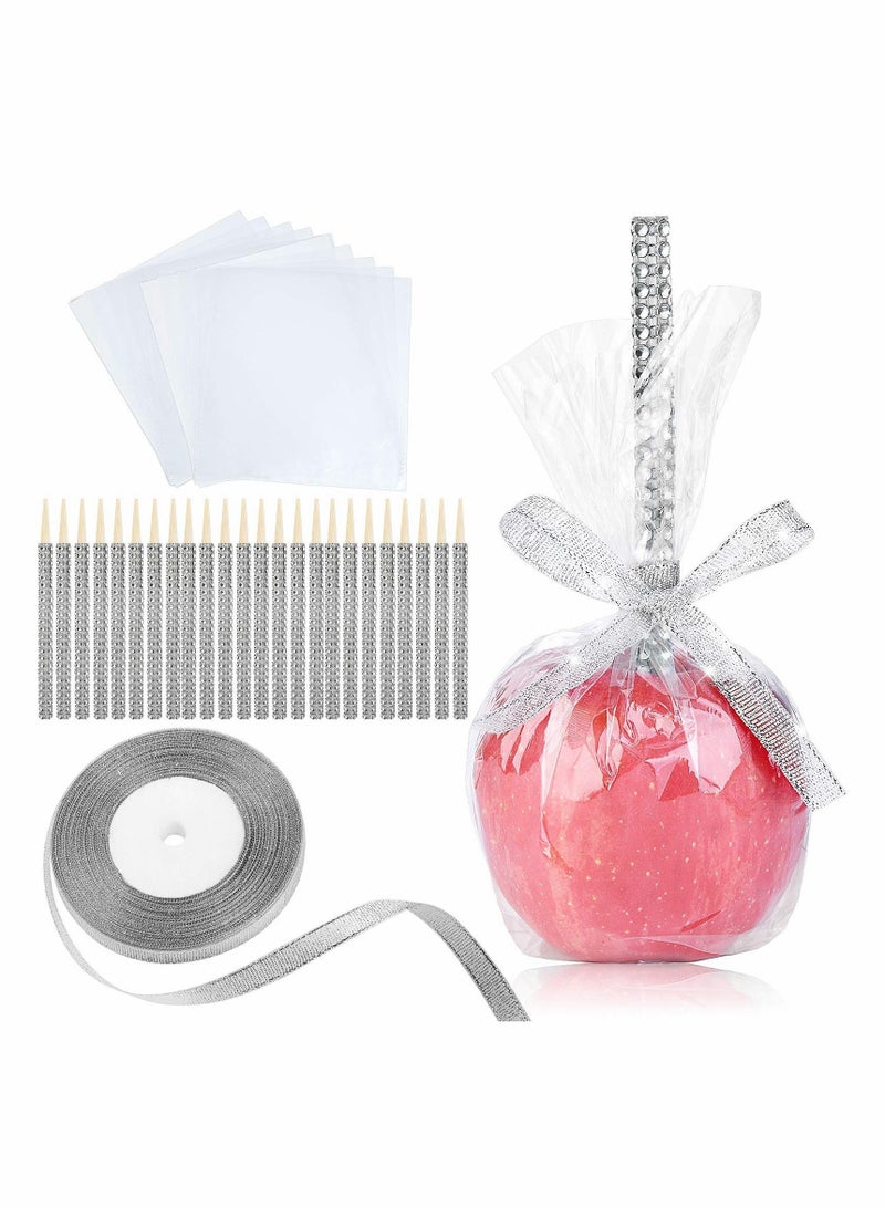 Y&D Candy Apple Bamboo Sticks, 36 Pack Caramel Wooden Bling Pointed Skewers, Food Sticks for Rice Krispy Treats Cookie Pops Brownies Homemade Corn Dogs with Glass Bag Glitter Ribbons Tie  - Image 1