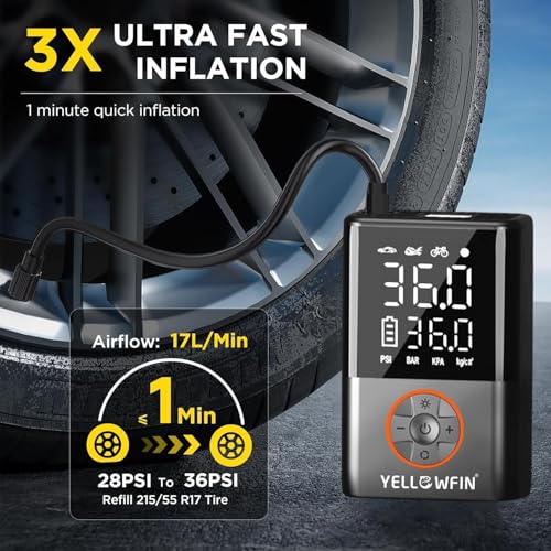 Yellowfin Aero 1.0 Portable 150 PSI Tyre Inflator for Car & Bike | 4000mAh Rechargeable Air Pump | Digital Display, Auto Shut-Off, LED Light | Wireless Emergency Air Compressor for Car, Cycle & Ball - Image 5