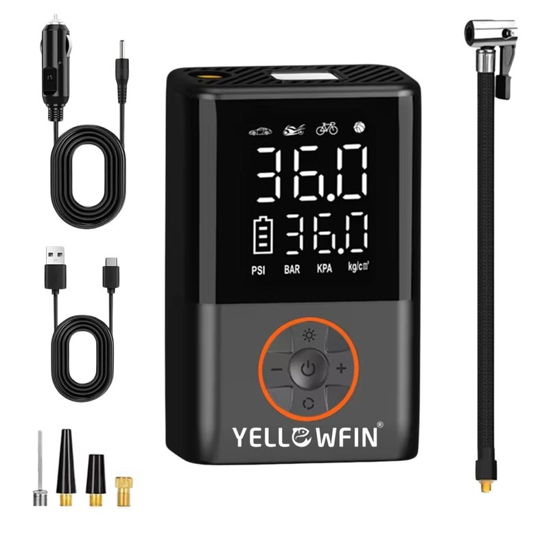 Yellowfin Aero 1.0 Portable 150 PSI Tyre Inflator for Car & Bike | 4000mAh Rechargeable Air Pump | Digital Display, Auto Shut-Off, LED Light | Wireless Emergency Air Compressor for Car, Cycle & Ball - Image 2