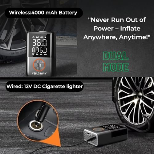 Yellowfin Aero 1.0 Portable 150 PSI Tyre Inflator for Car & Bike | 4000mAh Rechargeable Air Pump | Digital Display, Auto Shut-Off, LED Light | Wireless Emergency Air Compressor for Car, Cycle & Ball - Image 4