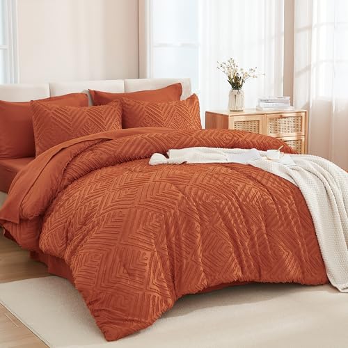 Andency King Size Comforter Set Burnt Orange - 7 Pieces Bed in a Bag King Boho Terracotta Bedding Comforter Sets, Rust Tufted Bed Set with Comforter, Sheets, Pillowcases & Shams - Image 1