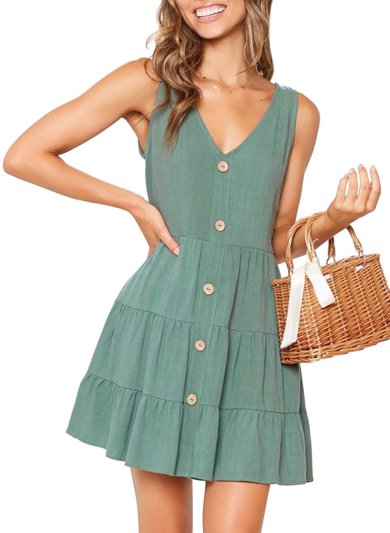 MITILLY Women's Summer Sleeveless V Neck Button Down Casual Pocket Swing Short Dress Medium Light Green - Image 1