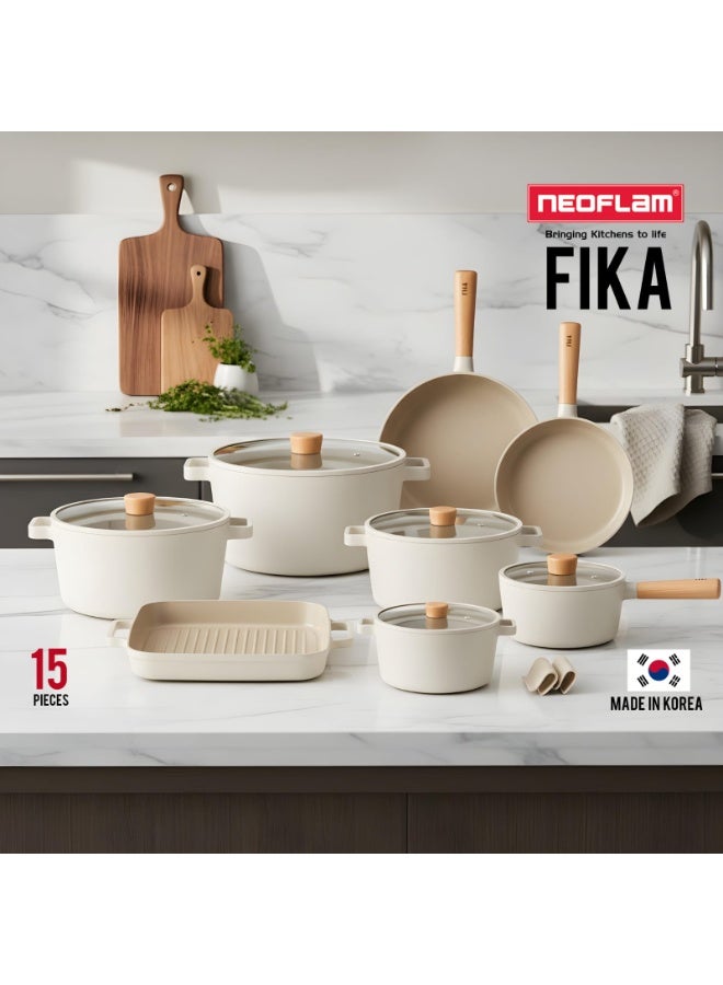 Neoflam Fika 15-Piece Cookware Set with Pyrex Lids – Beige BEIGE