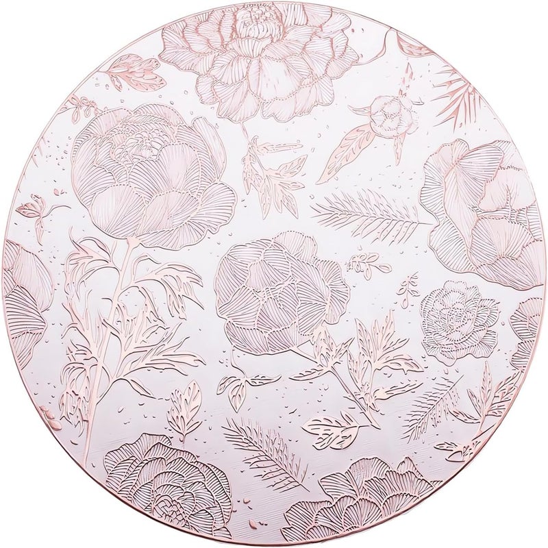 CherryBox Elegant Floral Rose Round Placemats Tablemats Silver Placemats for Dining Table Durable Table Mats Reusable Water Proof White and Rose Gold (Large, 6, Count) - Image 1