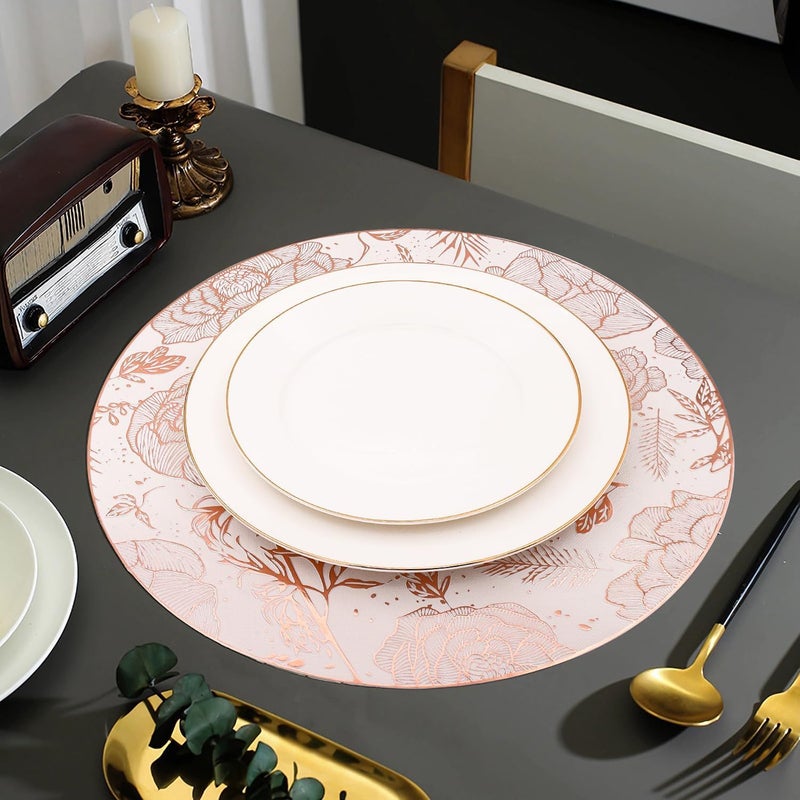 CherryBox Elegant Floral Rose Round Placemats Tablemats Silver Placemats for Dining Table Durable Table Mats Reusable Water Proof White and Rose Gold (Large, 6, Count) - Image 3