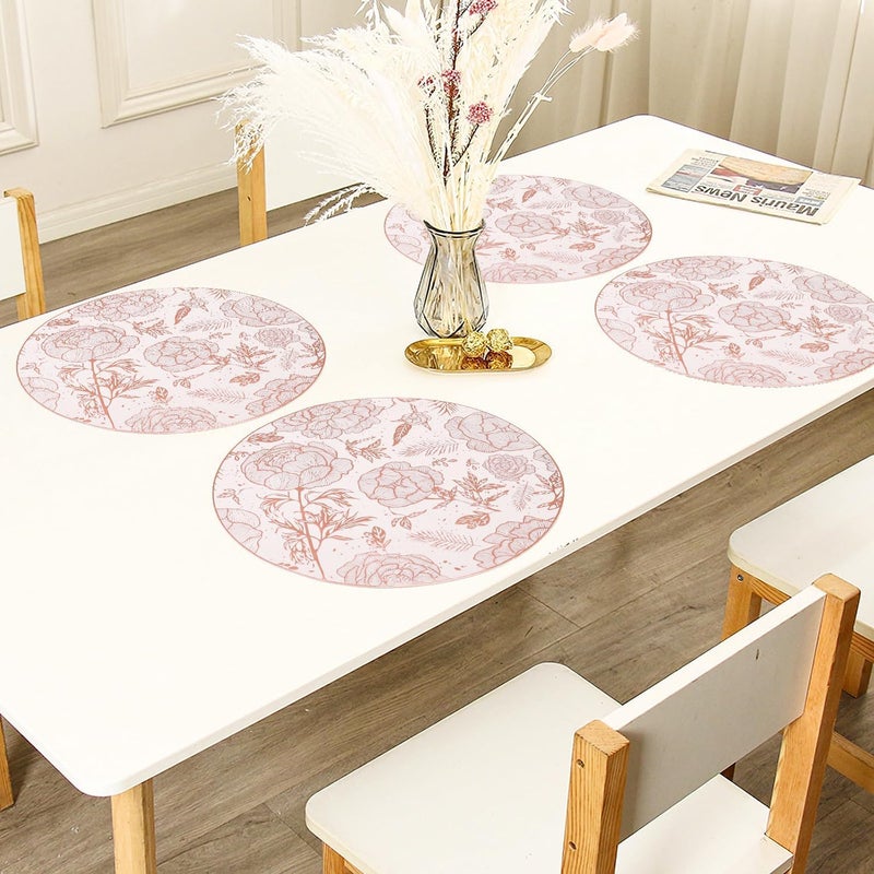 CherryBox Elegant Floral Rose Round Placemats Tablemats Silver Placemats for Dining Table Durable Table Mats Reusable Water Proof White and Rose Gold (Large, 6, Count) - Image 4