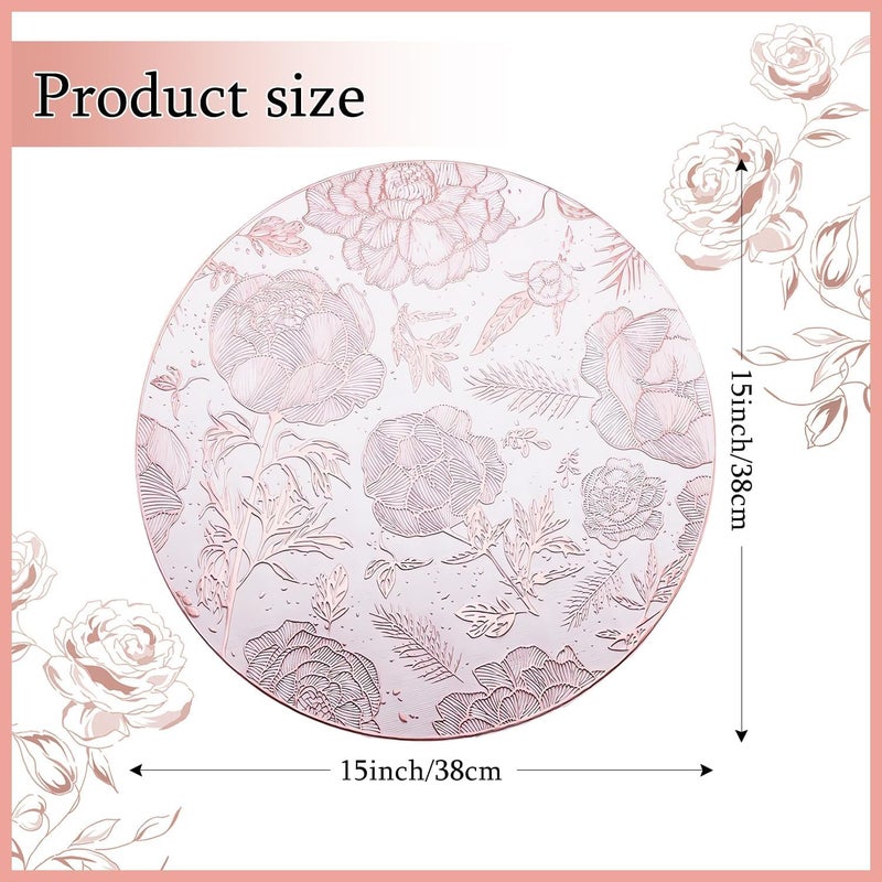 CherryBox Elegant Floral Rose Round Placemats Tablemats Silver Placemats for Dining Table Durable Table Mats Reusable Water Proof White and Rose Gold (Large, 6, Count) - Image 2