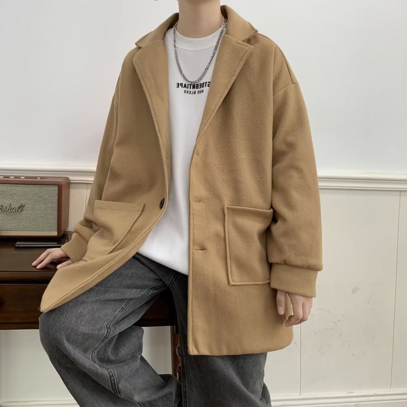 2024 Mens Mid-Length Trench Coat Autumn Winter Woolen Stylish Korean Fashion Khaki 