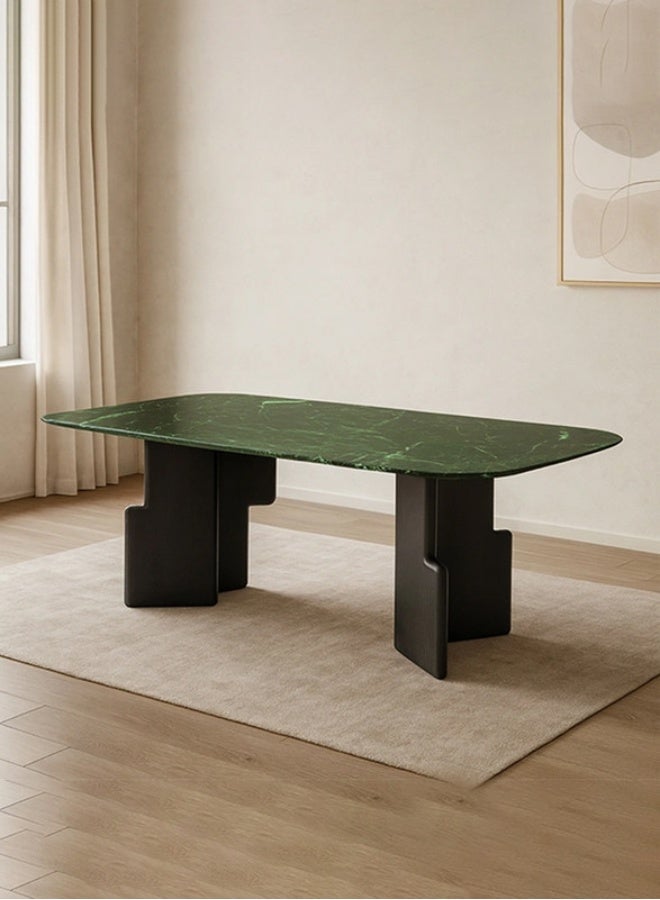 YI ONE Dining Table FC922-2.2M – Rectangular Black & Green Marble Top with Veneer Wooden Legs, 6–8 Seater Luxury Dining Table, 2200×1000×750 mm - Image 2
