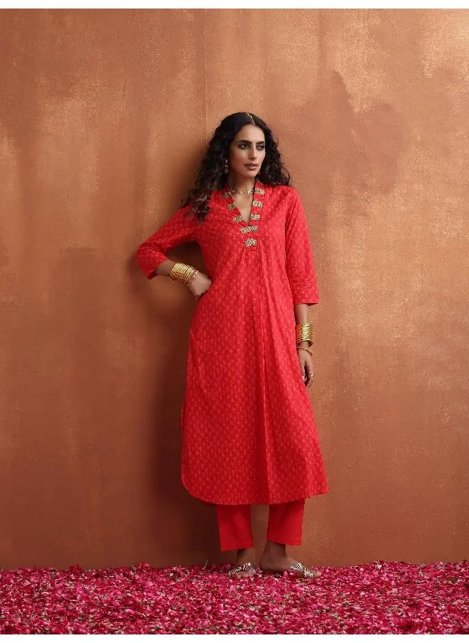 trueBrowns Red Print A-line Kurta Set